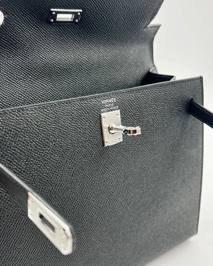 HERMÈS Kelly 25 Sellier Epsom schwarz PHW offene schwarze Handtasche mit silberfarbenem Verschluss