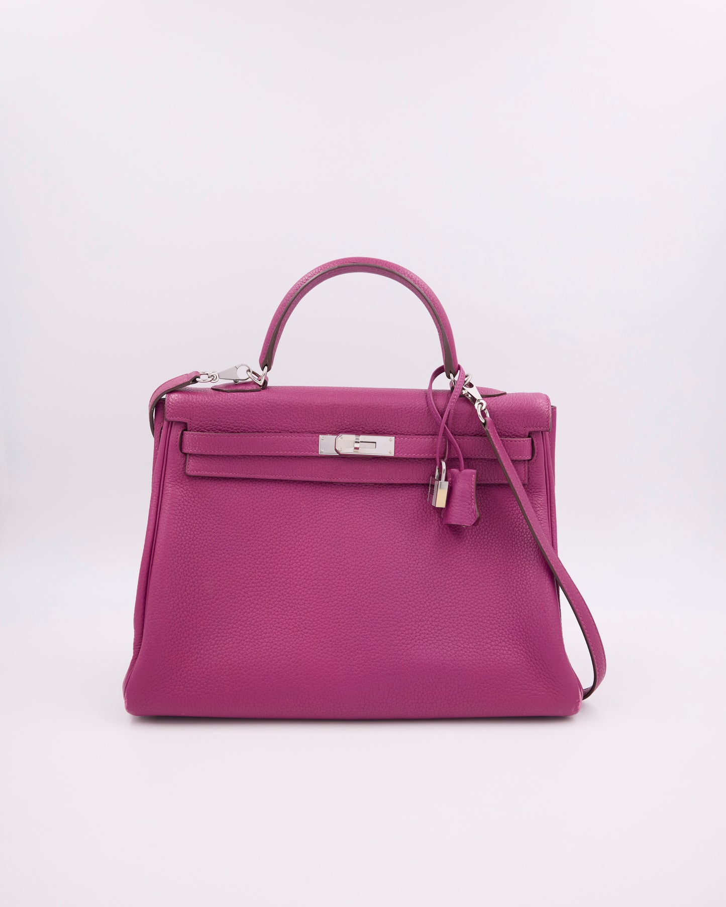 Hermès Kelly 35 Tosca PHW, pinke Designerhandtasche aus Leder mit silberfarbenen Beschlägen