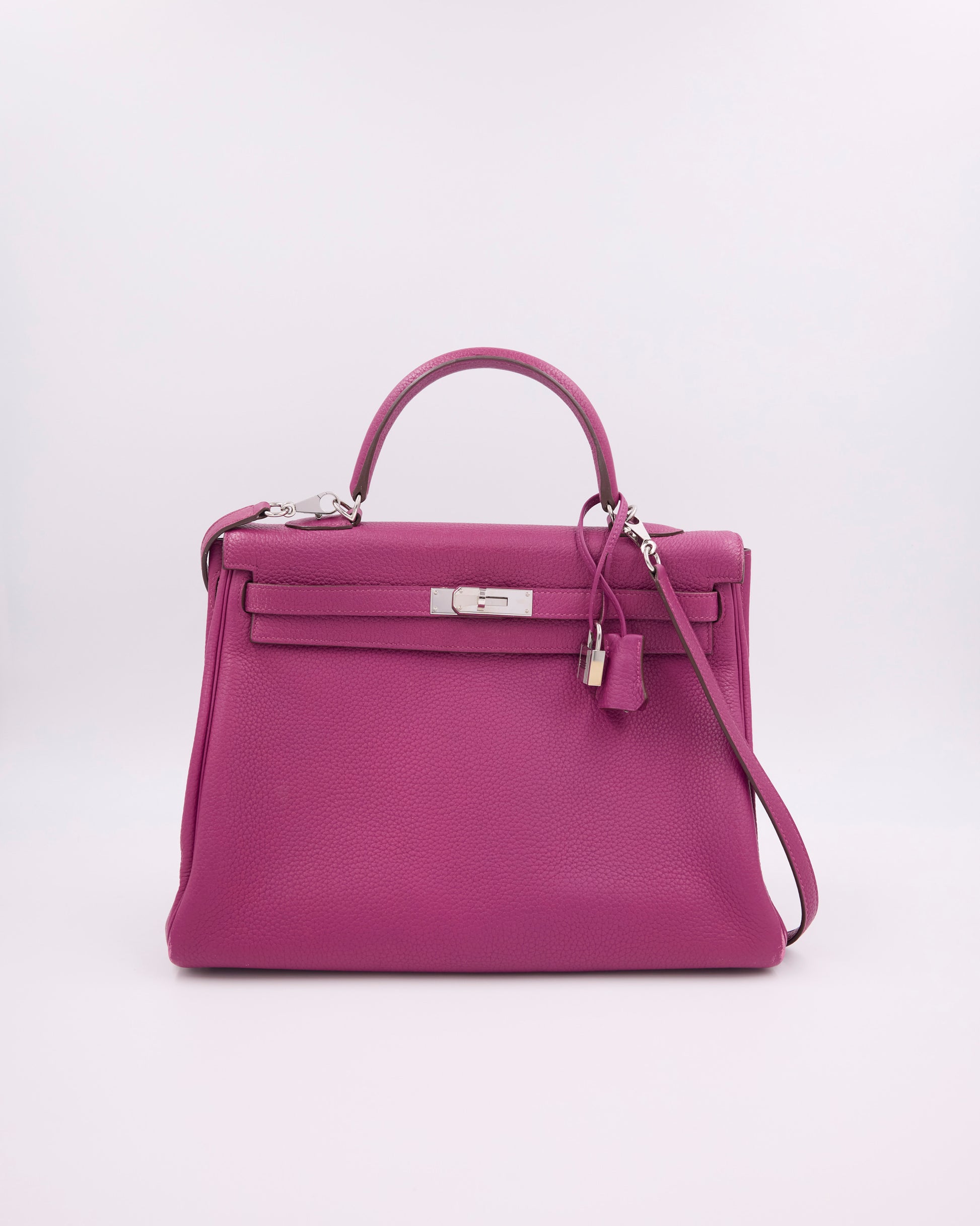 Hermès Kelly 35 Tosca PHW, pinke Designerhandtasche aus Leder mit silberfarbenen Beschlägen