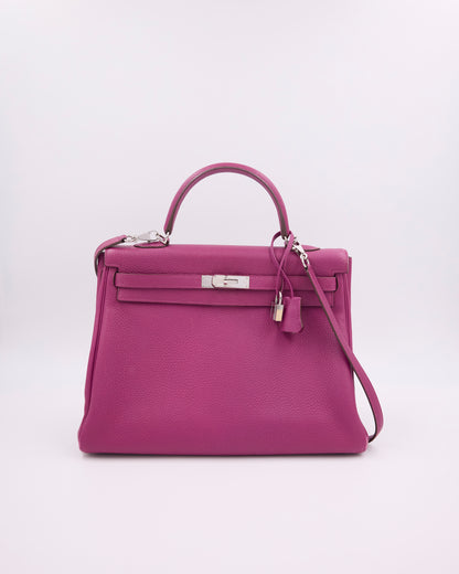 Hermès Kelly 35 Tosca PHW, pinke Designerhandtasche aus Leder mit silberfarbenen Beschlägen