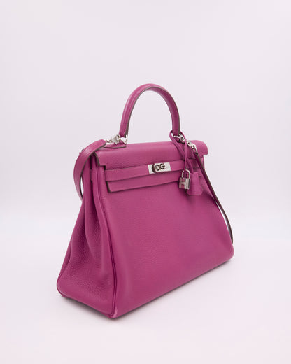 Hermès Kelly 35 Tosca PHW in Magenta mit silberfarbenen Beschlägen