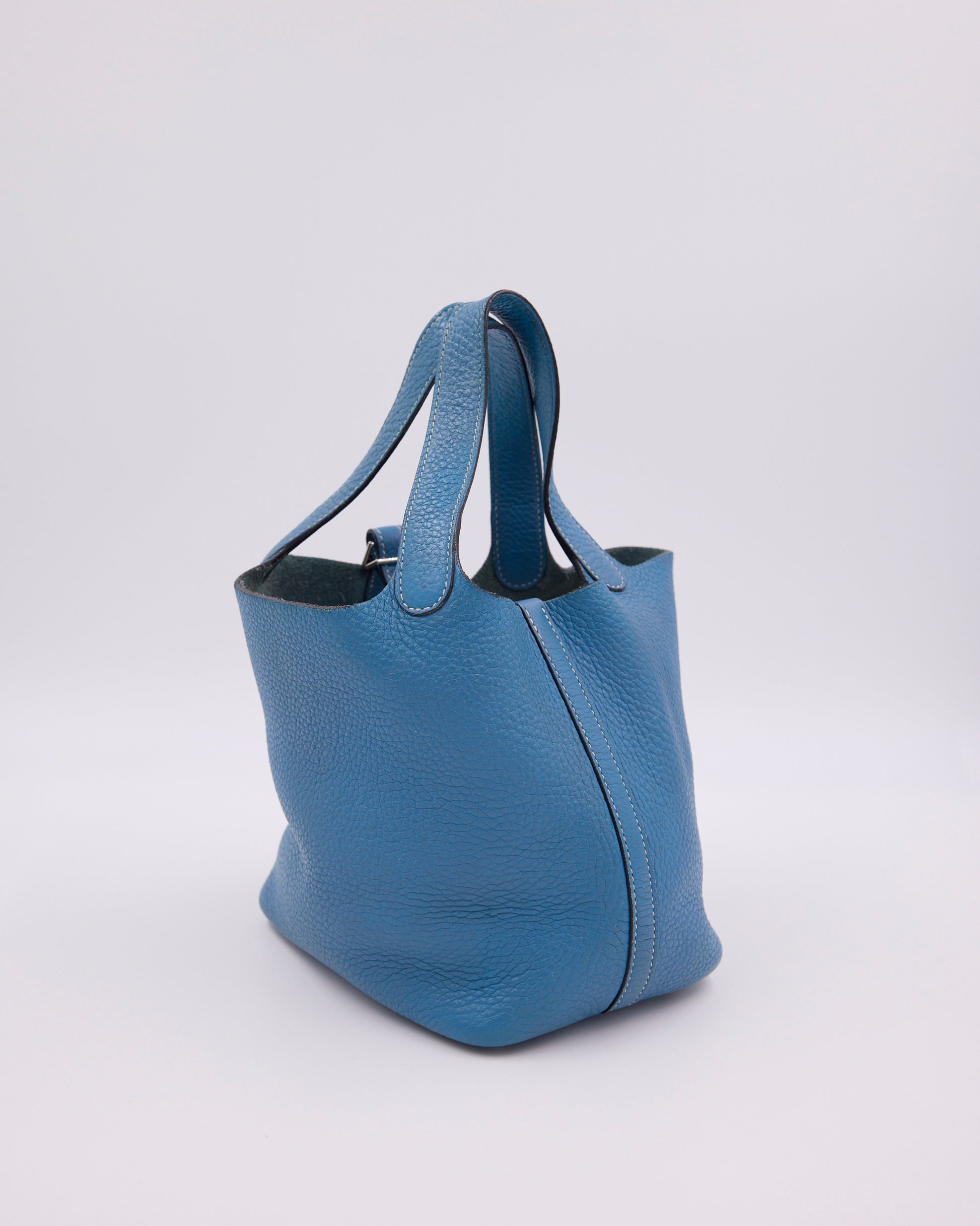 HERMÈS Picotin 18 Clemence Blue Jean PHW, blaue Designerhandtasche aus Leder