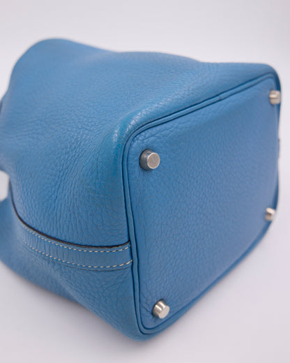 HERMÈS Picotin 18 Clemence Blue Jean PHW, blaue Designerhandtasche aus Leder