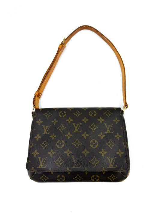 LOUIS VUITTON Musette Tango Monogram Canvas Handtasche mit verstellbarem Lederhenkel und klassischem Monogramm.