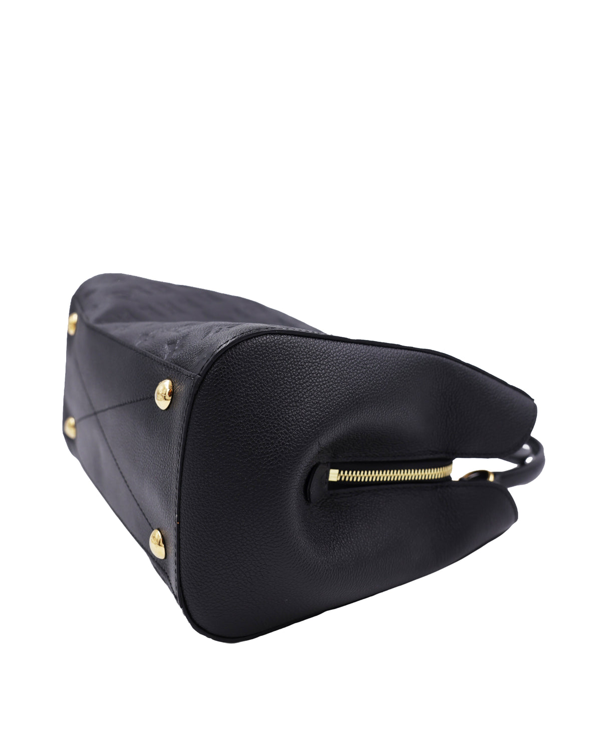 LOUIS VUITTON Montaigne MM Monogram Empreinte schwarz, schwarze Designerhandtasche, Unterseite mit goldfarbenen Füßen