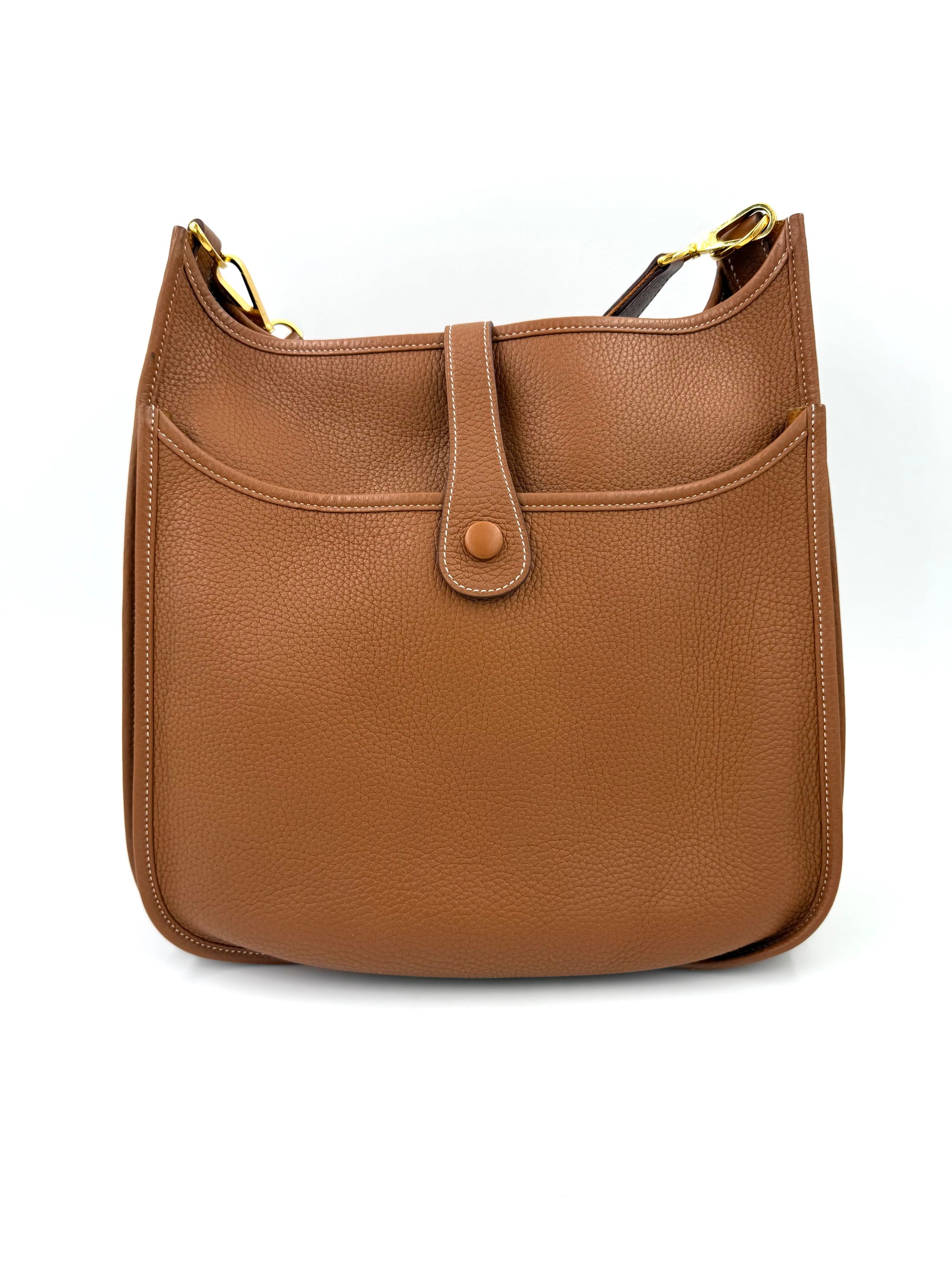 HERMÈS Evelyne 33 Clemenceleder Gold GHW in warmem Braun mit geräumiger Außentasche und verstellbarem Schulterriemen