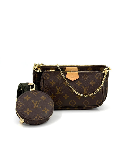 LOUIS VUITTON Multi Pochette Monogram Canvas Khaki mit goldener Kette und rundem Münzetui im Monogramm-Design.