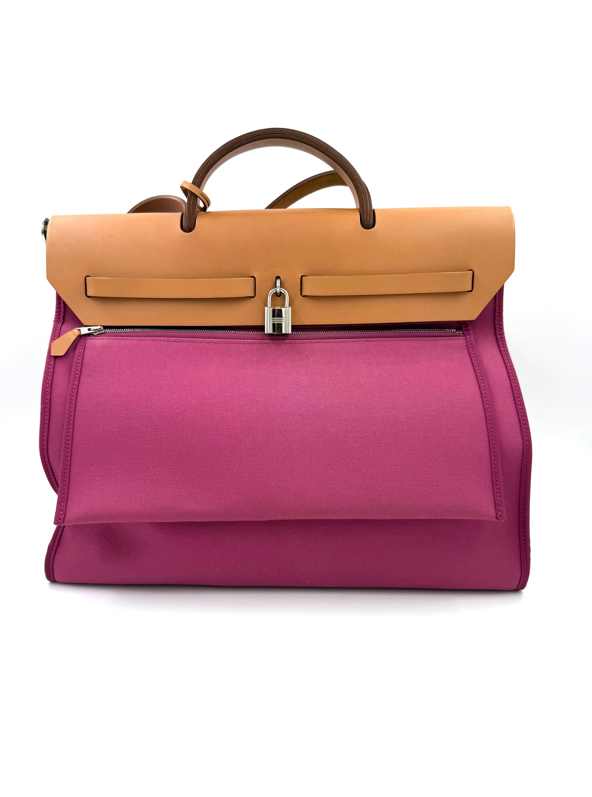 Vorderansicht der HERMÈS Herbag 39 Zip pink mit braunen Ledergriffen, hochwertige Designer Handtasche second hand