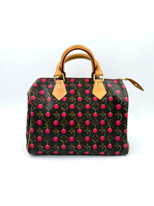 LOUIS VUITTON Speedy 25 Cerises x Takashi Murakami Tasche mit Kirschmuster und klassischem Design in Braun und Rot.