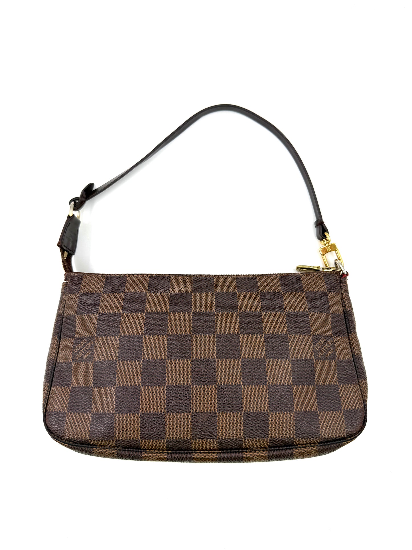 LOUIS VUITTON Pochette Accessoires Damier Ebene in klassischem braunem Schachbrettmuster, elegante Secondhand-Tasche.