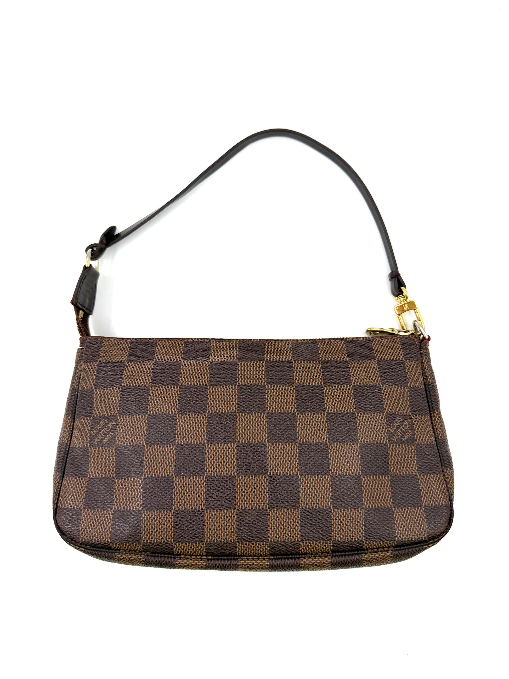 LOUIS VUITTON Pochette Accessoires Damier Ebene in klassischem braunem Schachbrettmuster, elegante Secondhand-Tasche.