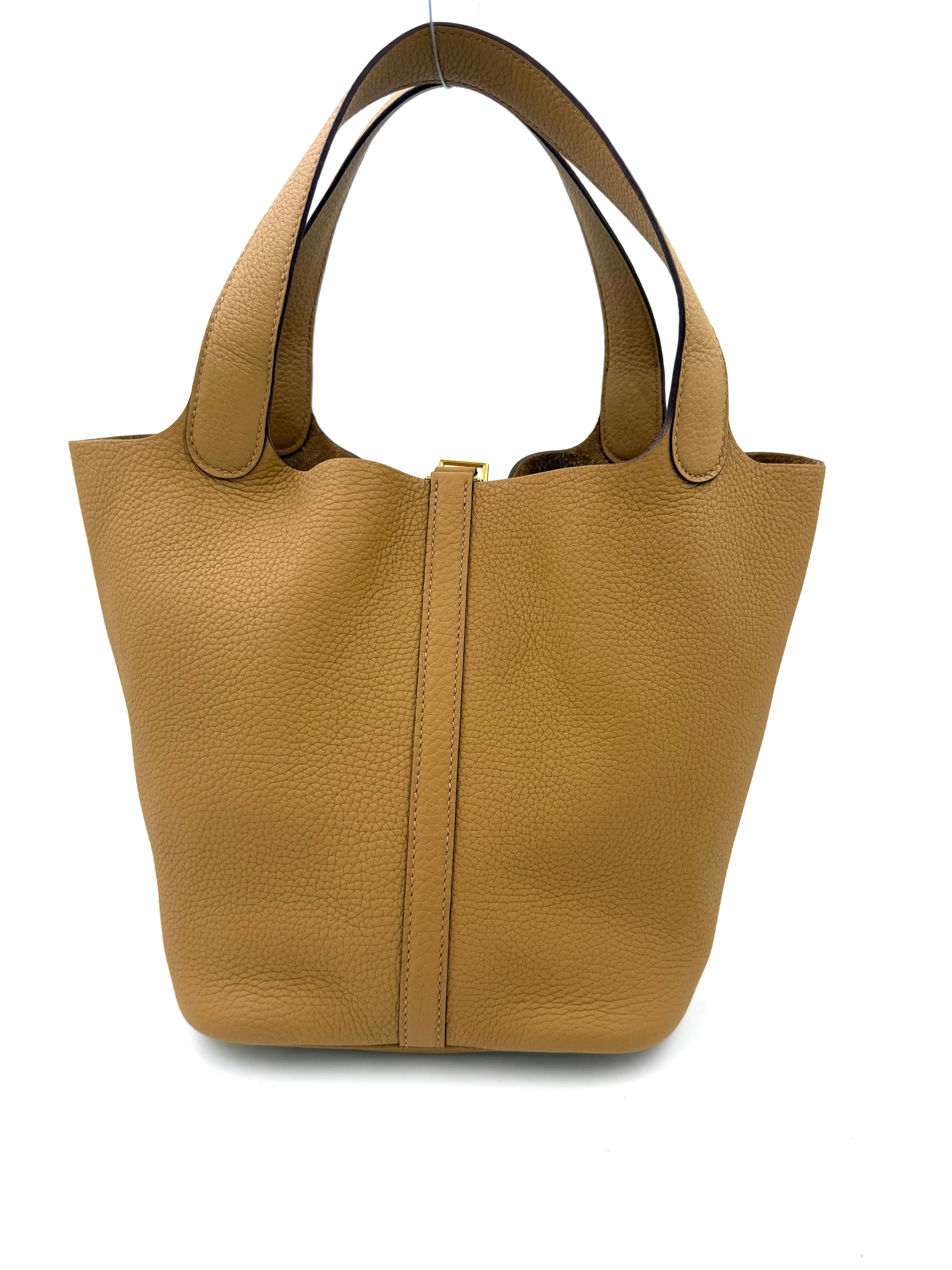 HERMÈS Picotin 22 Lock Clemenceleder Biscuit GHW elegante, hochwertige Secondhand Designerhandtasche aus robustem Leder