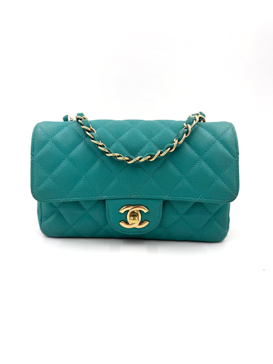 CHANEL Single Flap Mini Rectangular Caviar türkis GHW