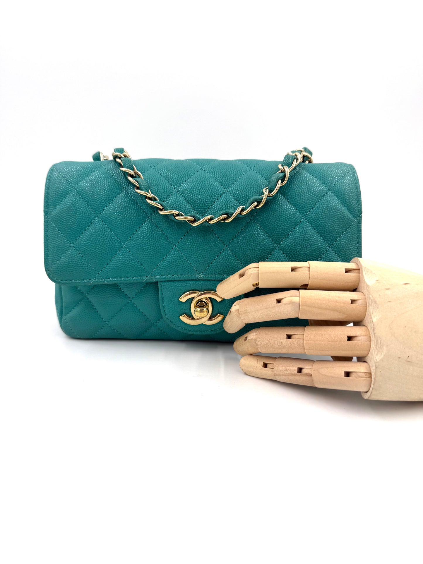 CHANEL Single Flap Mini Rectangular Caviar türkis GHW