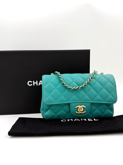 CHANEL Single Flap Mini Rectangular Caviar türkis GHW