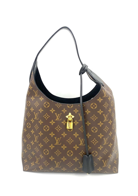 Louis Vuitton Flower Hobobag in Monogram Canvas mit schwarzem Ledergriff und goldenem Verschluss, klassisches Design