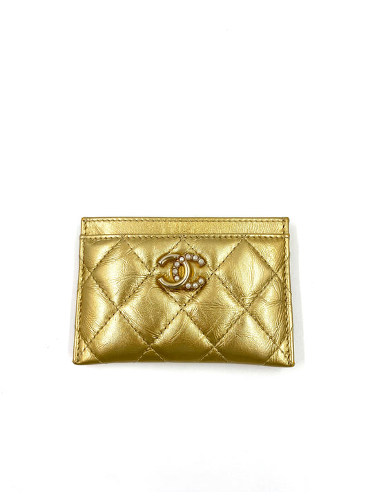 CHANEL Cardholder gold aged Calfskin mit Perlen