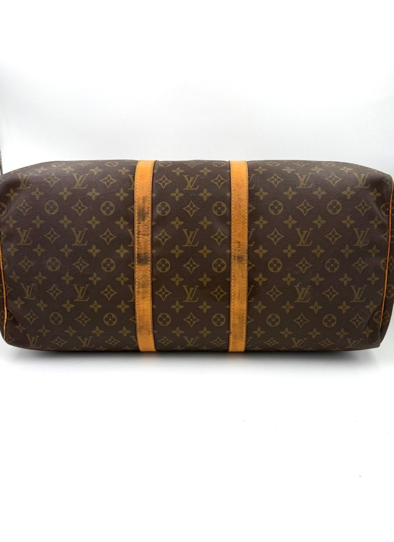 Louis Vuitton Keepall 55 Reisetasche im klassischen Monogram Canvas mit braunen Lederstreifen und Messingbeschlagen