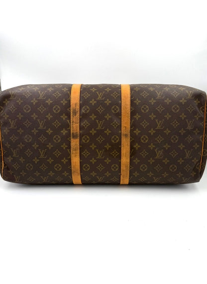 Louis Vuitton Keepall 55 Reisetasche im klassischen Monogram Canvas mit braunen Lederstreifen und Messingbeschlagen
