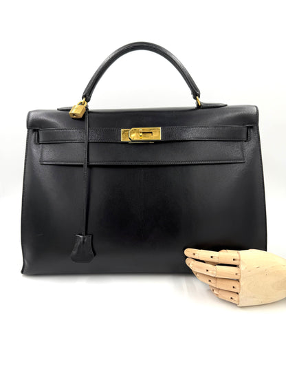 HERMÈS Kelly 40 Boxleder schwarz GHW
