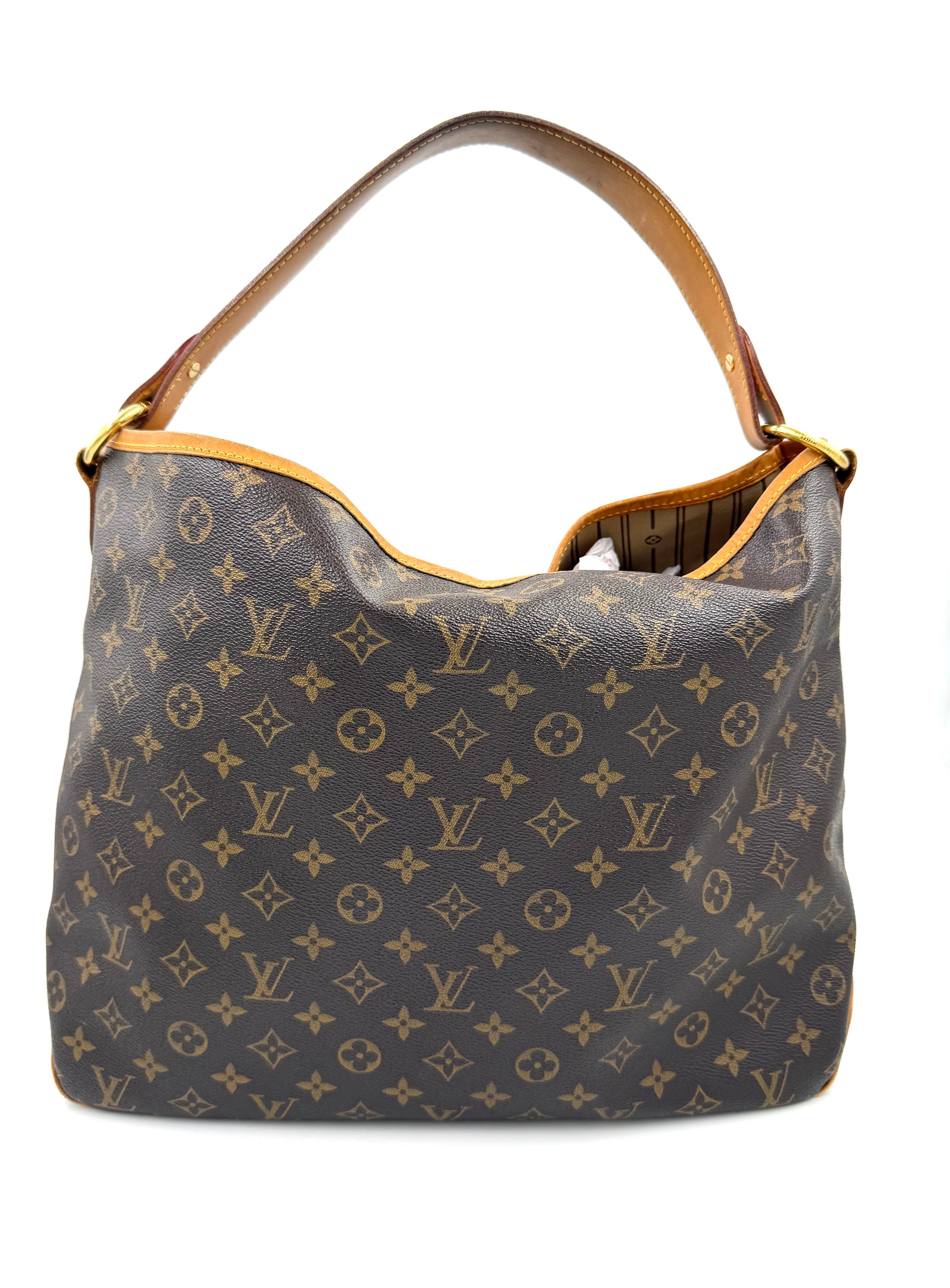 Louis Vuitton Delightful MM Monogram Canvas Handtasche aus robustem Canvas mit breitem Lederriemen und Karabinerverschluss.