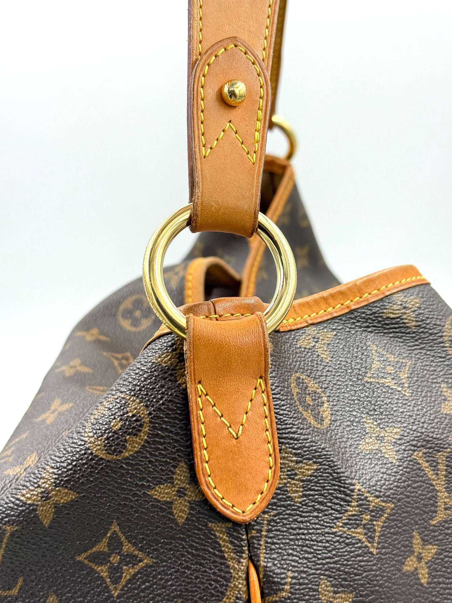 Detailaufnahme der Louis Vuitton Delightful MM Monogram Canvas mit Lederhenkel und goldfarbenem Metallring.