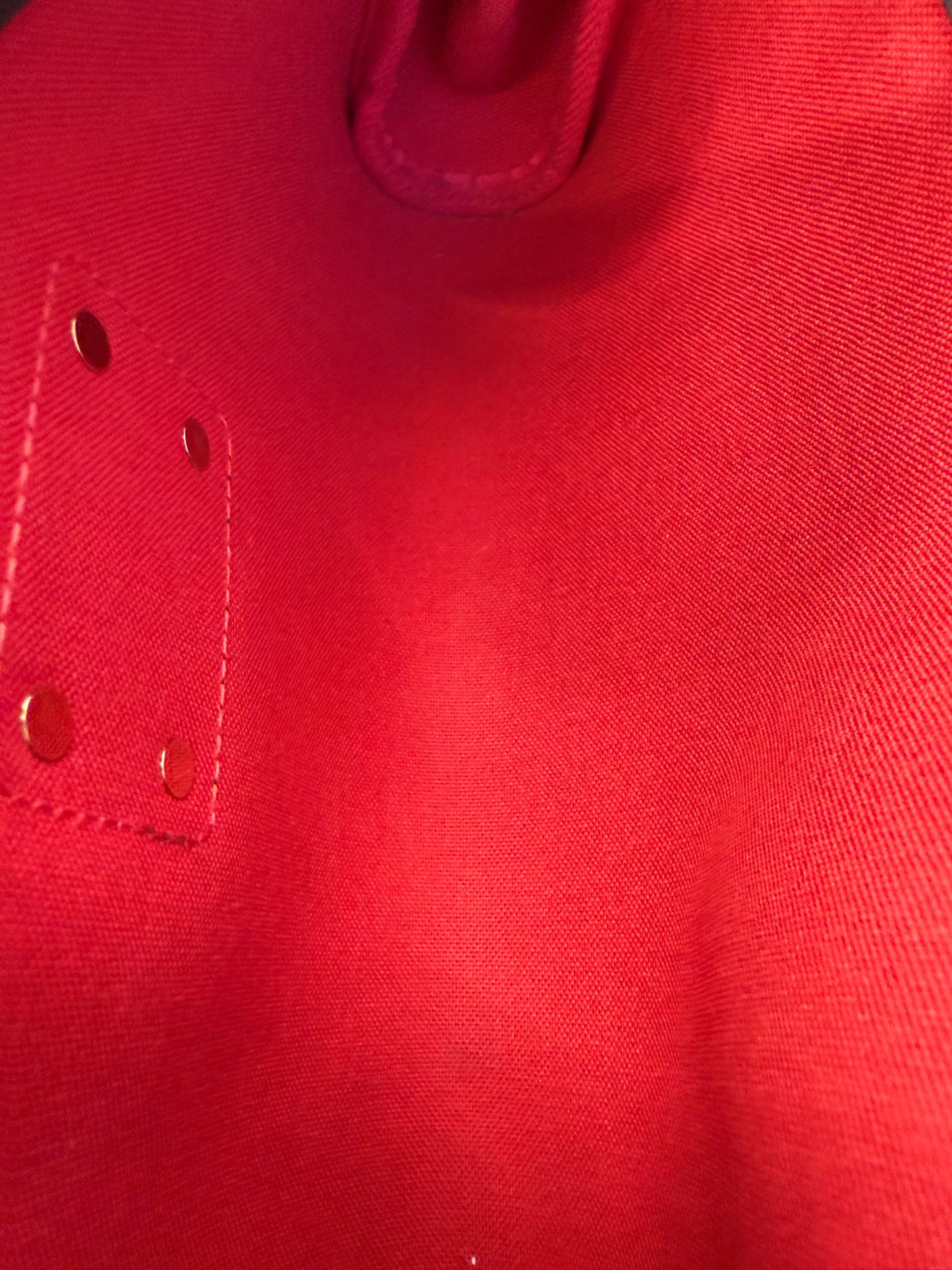 LOUIS VUITTON Pochette Eva Damier Ebene mit rotem Innenfutter in Detailansicht
