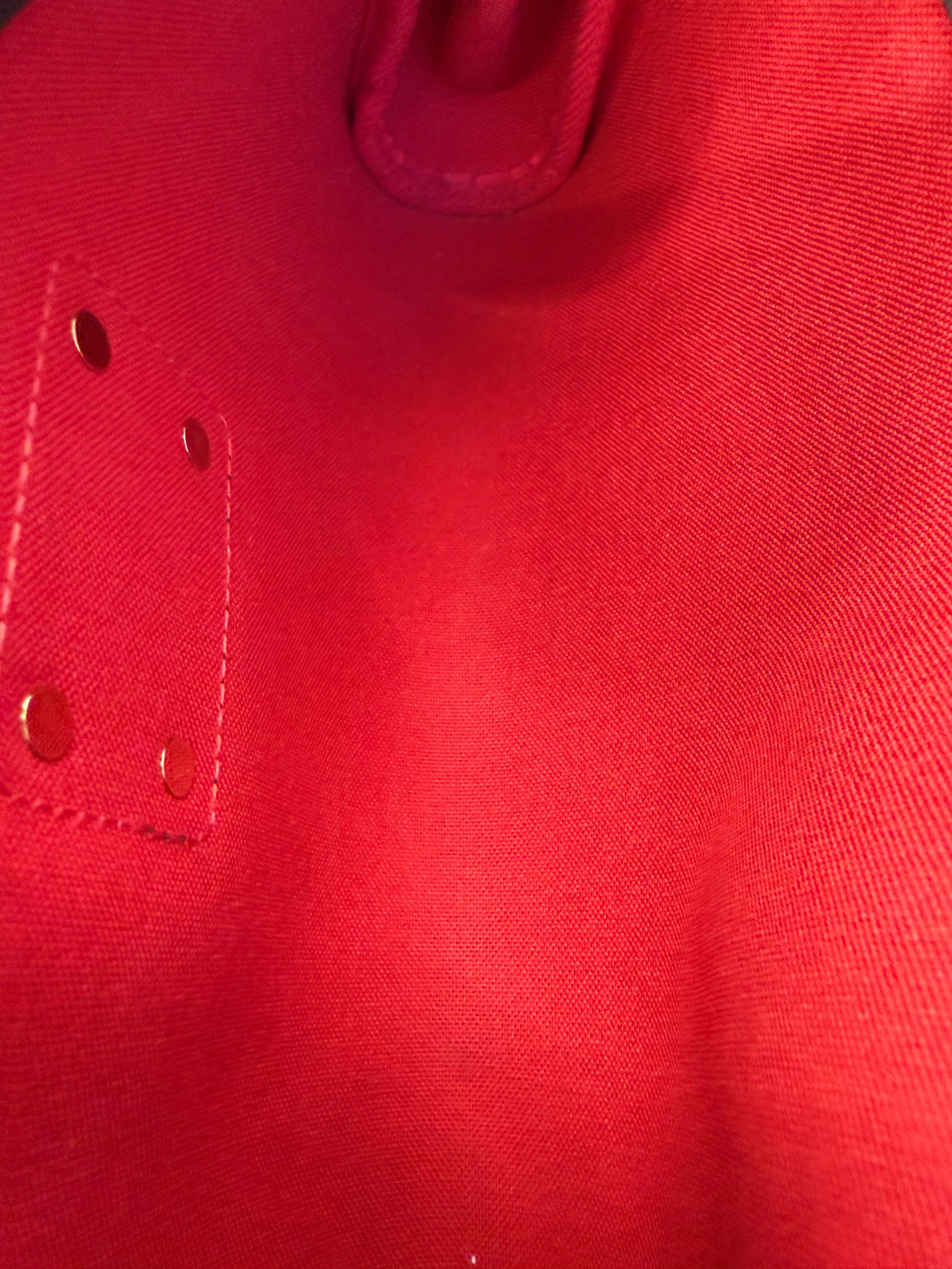 LOUIS VUITTON Pochette Eva Damier Ebene mit rotem Innenfutter in Detailansicht