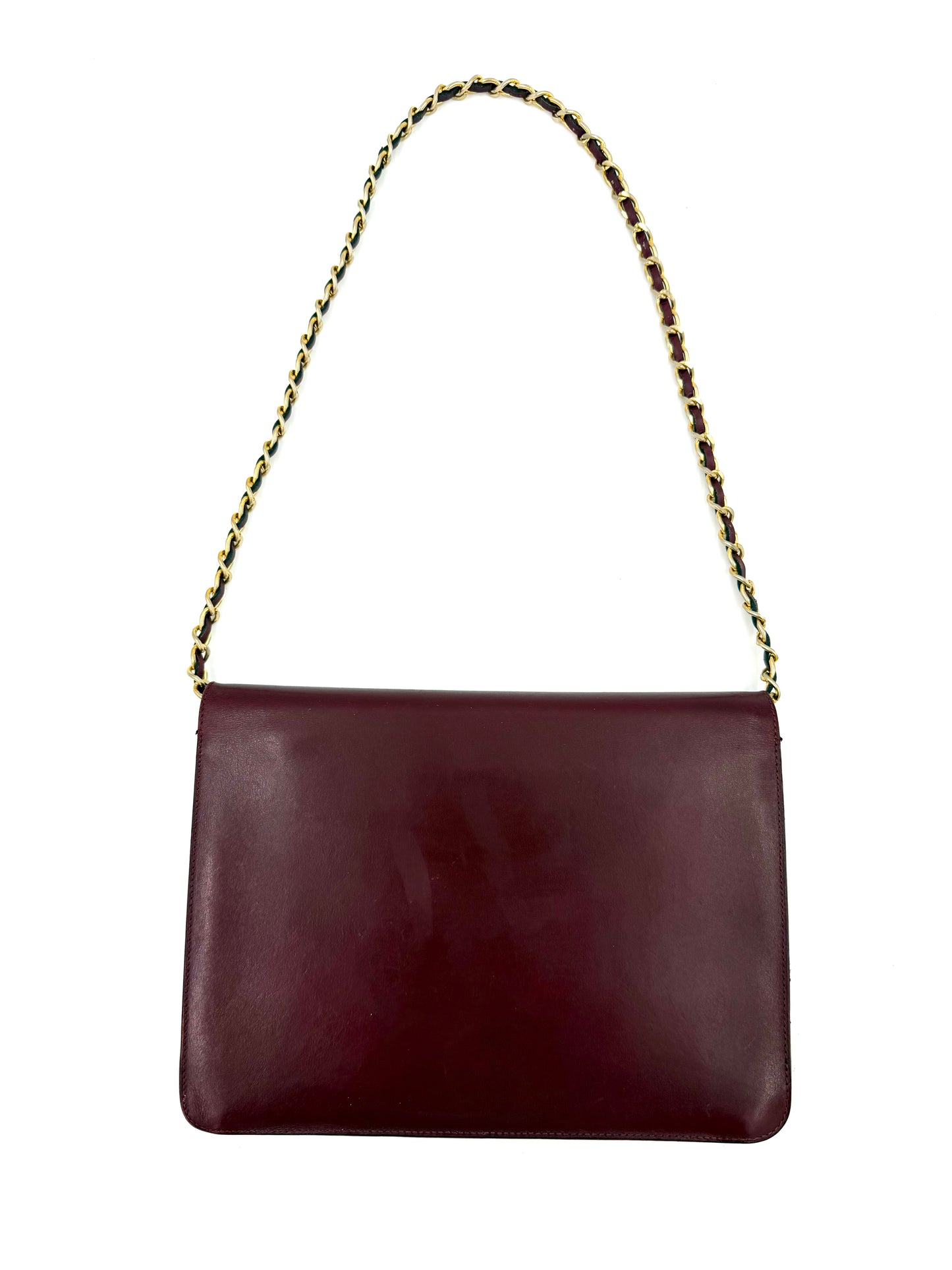 CHANEL Single Flap Square medium bordeaux GHW aus glattem Leder mit goldfarbener Kette als Schulterriemen