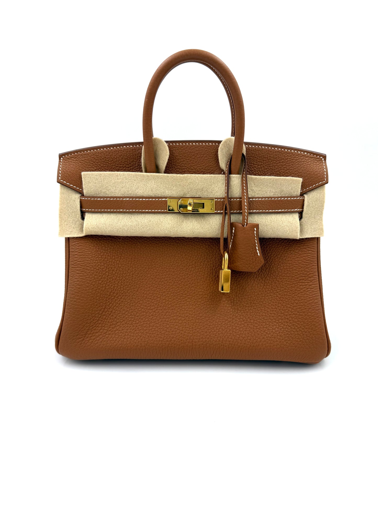 HERMÈS Birkin 25 Togo Gold GHW Fullset elegante Handtasche aus genarbtem Leder mit goldfarbenem Verschluss und Staubschutzhülle