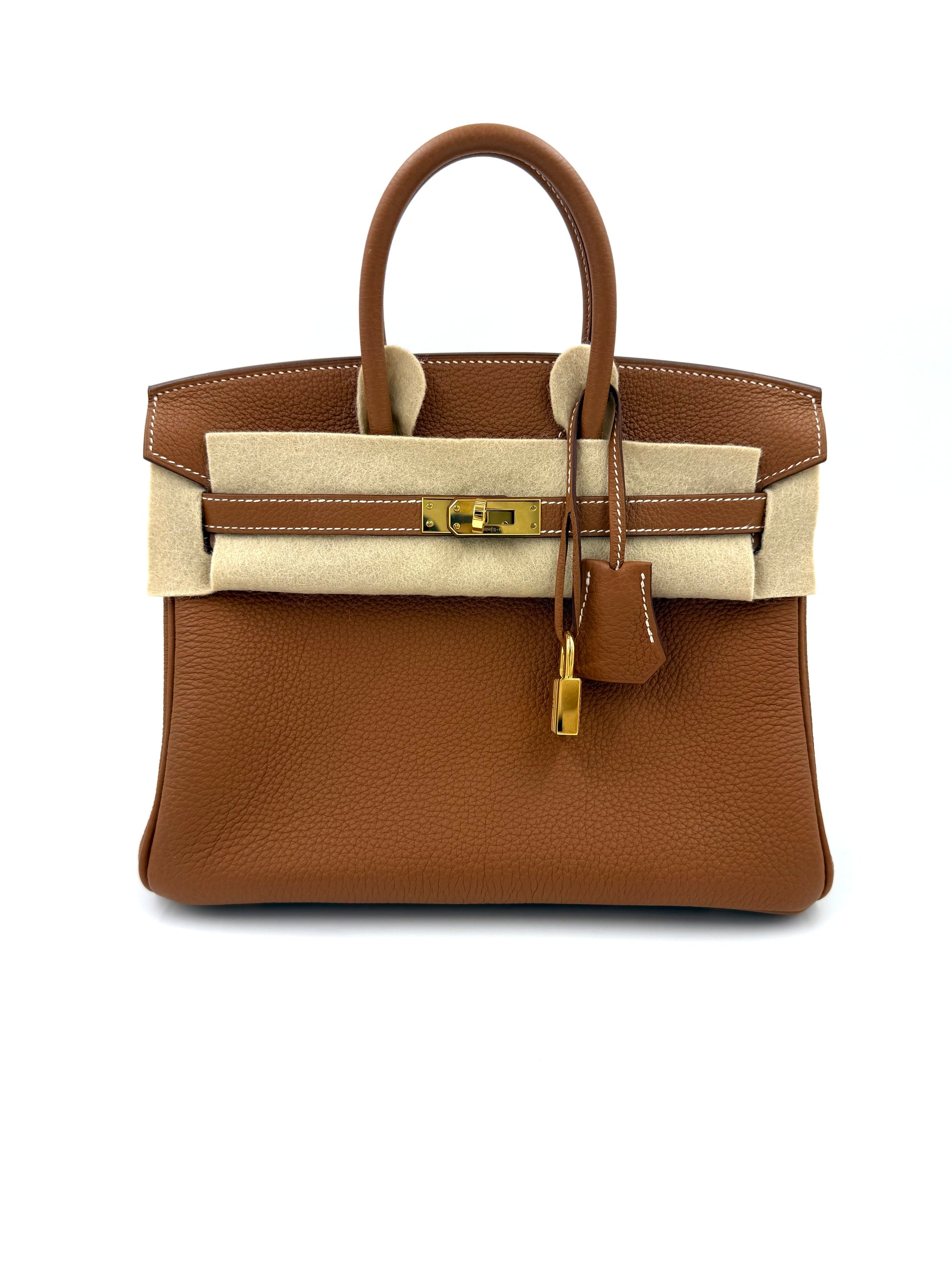HERMÈS Birkin 25 Togo Gold GHW Fullset elegante Handtasche aus genarbtem Leder mit goldfarbenem Verschluss und Staubschutzhülle