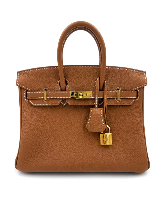 HERMÈS Birkin 25 Togo Gold GHW Fullset elegante Handtasche aus genarbtem Leder mit goldfarbenen Beschlägen