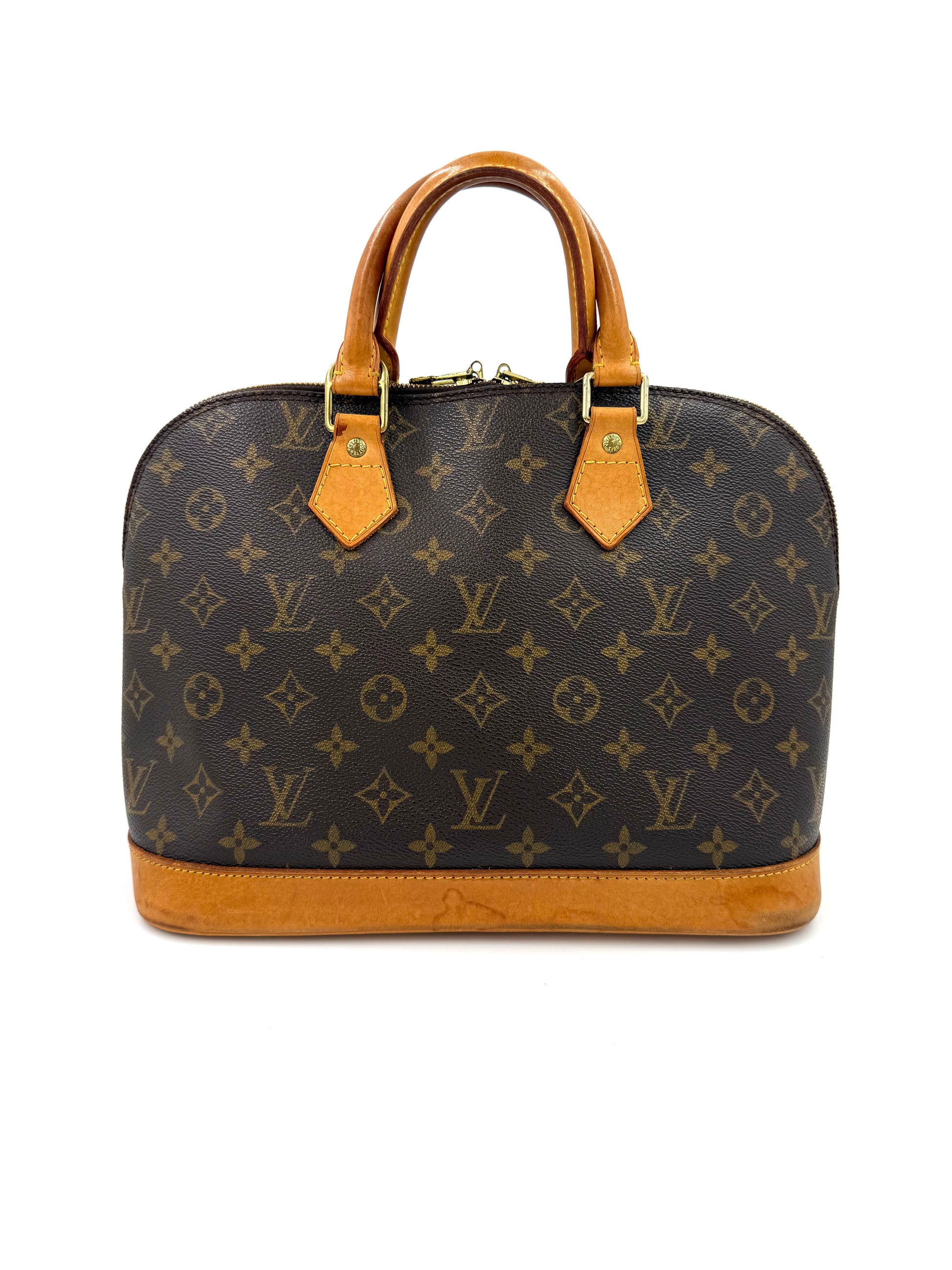 LOUIS VUITTON Alma PM Monogram Canvas elegante Secondhand Designerhandtasche mit Ledergriffen und goldfarbenem Reißverschluss