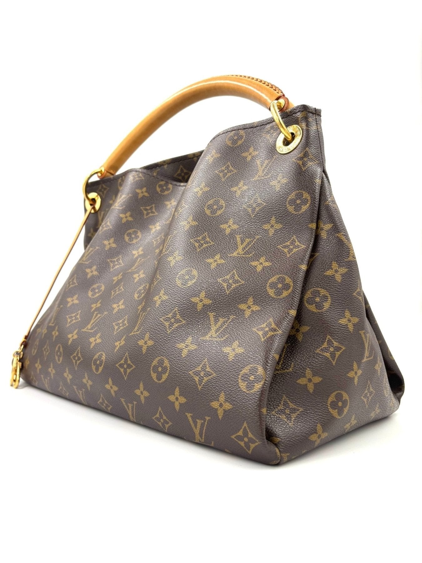 Louis Vuitton Artsy MM Handtasche in Monogram Canvas mit geflochtenem Ledergriff und goldenen Beschlagen, seitliche Ansicht