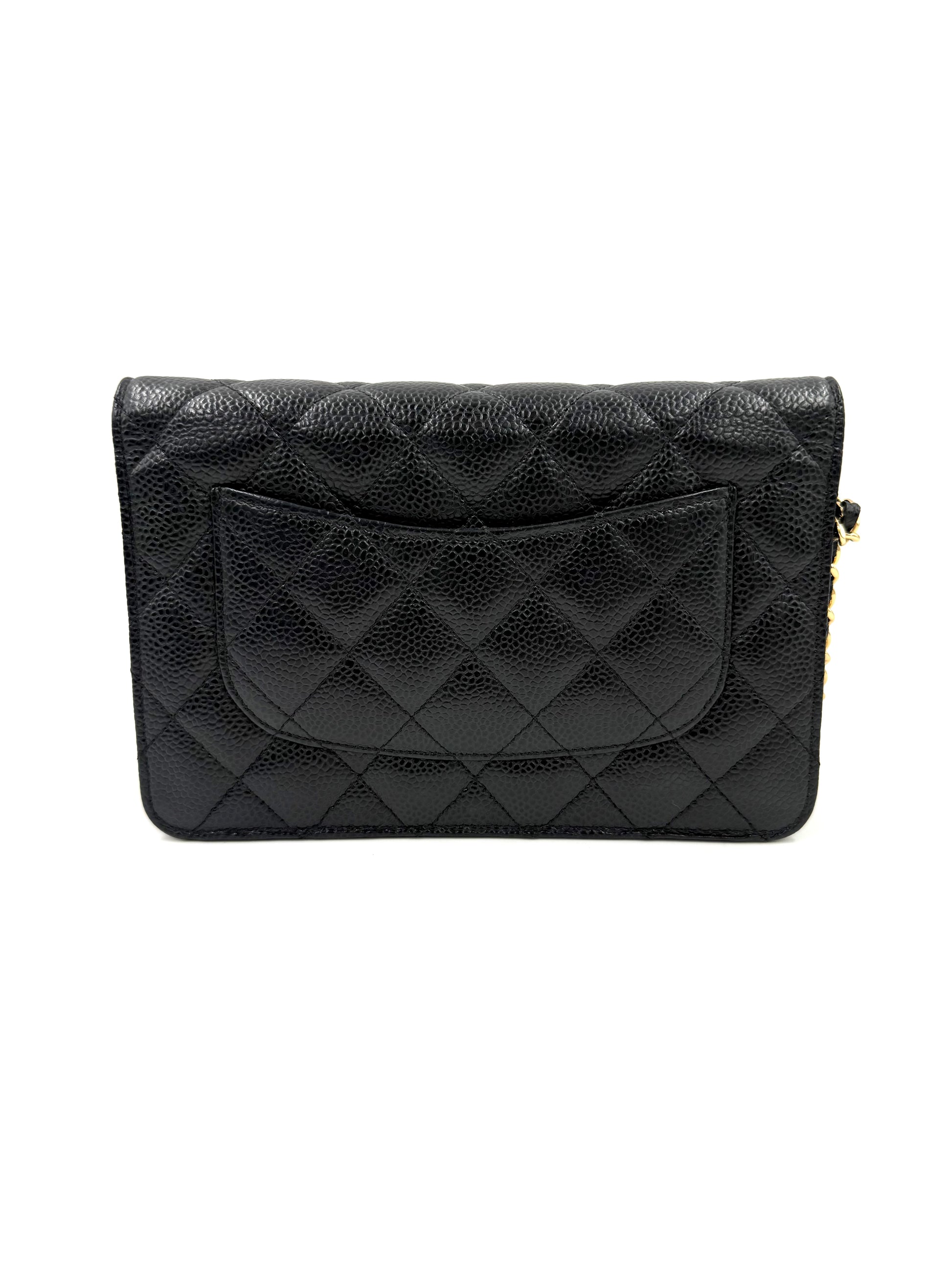 CHANEL Wallet on Chain Caviarleder schwarz GHW elegante gesteppte Clutch mit Außenfach und goldfarbenen Details