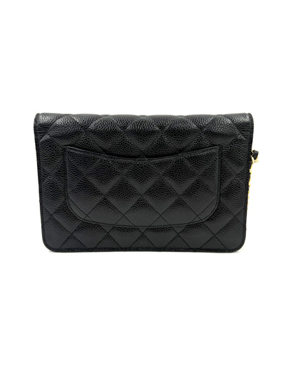 CHANEL Wallet on Chain Caviarleder schwarz GHW elegante gesteppte Clutch mit Außenfach und goldfarbenen Details