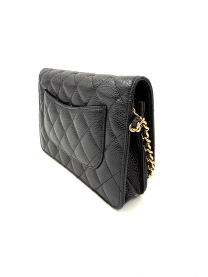 CHANEL Wallet on Chain Caviarleder schwarz GHW Retro-Stil gesteppt mit goldfarbener Kette und elegantem Außenfach