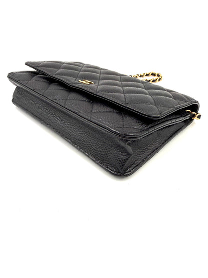 CHANEL Wallet on Chain Caviarleder schwarz GHW elegante gestepptes Portemonnaie mit goldfarbener Kette und edlem Design