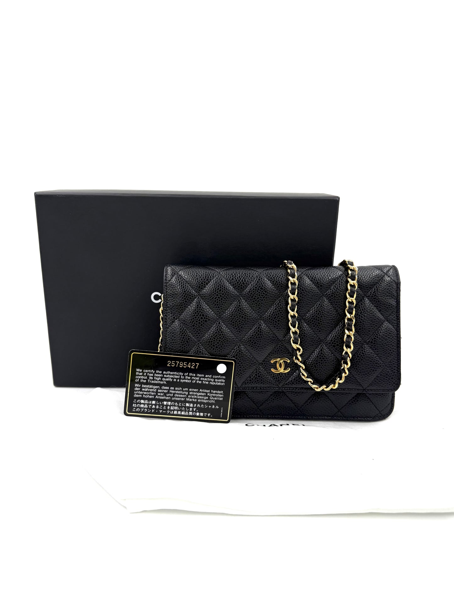 CHANEL Wallet on Chain Caviarleder schwarz GHW elegante gesteppte Lederclutch mit goldfarbener Kette und Echtheitskarte