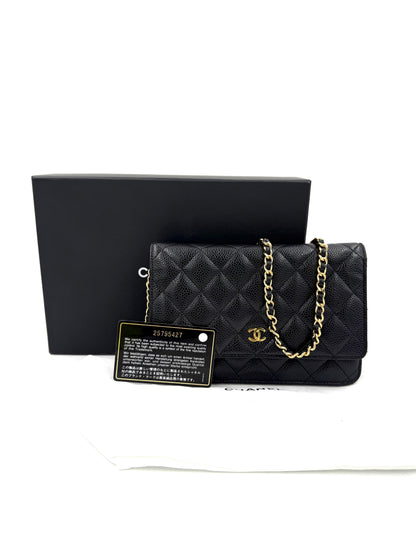 CHANEL Wallet on Chain Caviarleder schwarz GHW elegante gesteppte Lederclutch mit goldfarbener Kette und Echtheitskarte
