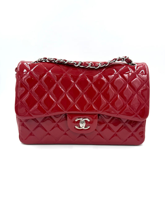 CHANEL Double Flap Jumbo Lackleder rot SHW rote Designerhandtasche aus Lackleder mit Kettenriemen