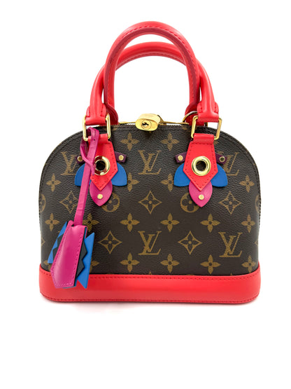 LOUIS VUITTON Alma BB Love Birds mit Monogramm, pinken Griffen und bunten Details, hochwertige Designer Handtasche Second Hand