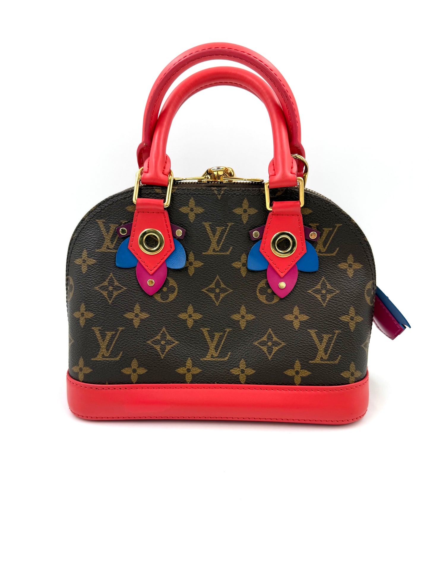 LOUIS VUITTON Alma BB Love Birds Designer Handtasche aus Monogram Canvas mit rotem Ledergriff und bunten Details
