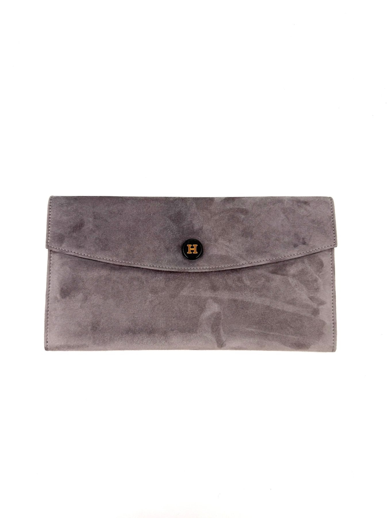 HERMÈS Clutch Suede steingrau - Clutch & Macarons - F im Quadrat; 2002 - Clutch & Macarons - 