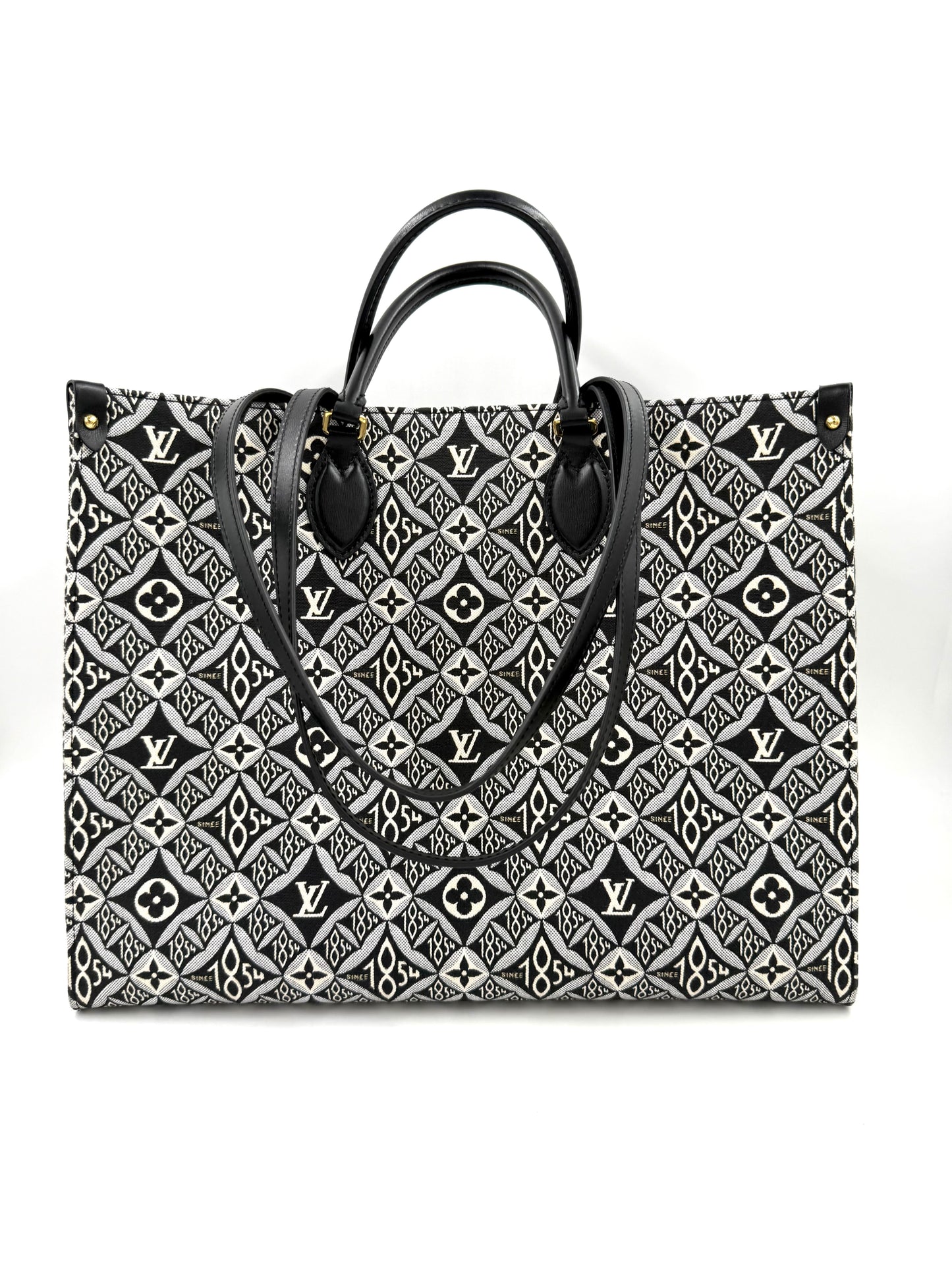 LOUIS VUITTON Onthego GM 1854 Edition große Designerhandtasche mit schwarz-weißer Logomuster-Stickerei und Ledergriffen