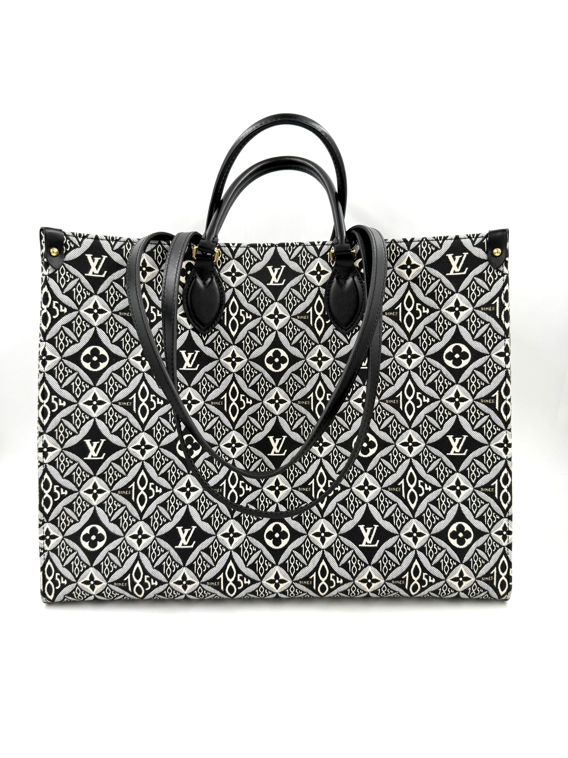 LOUIS VUITTON Onthego GM 1854 Edition große Designerhandtasche mit schwarz-weißer Logomuster-Stickerei und Ledergriffen