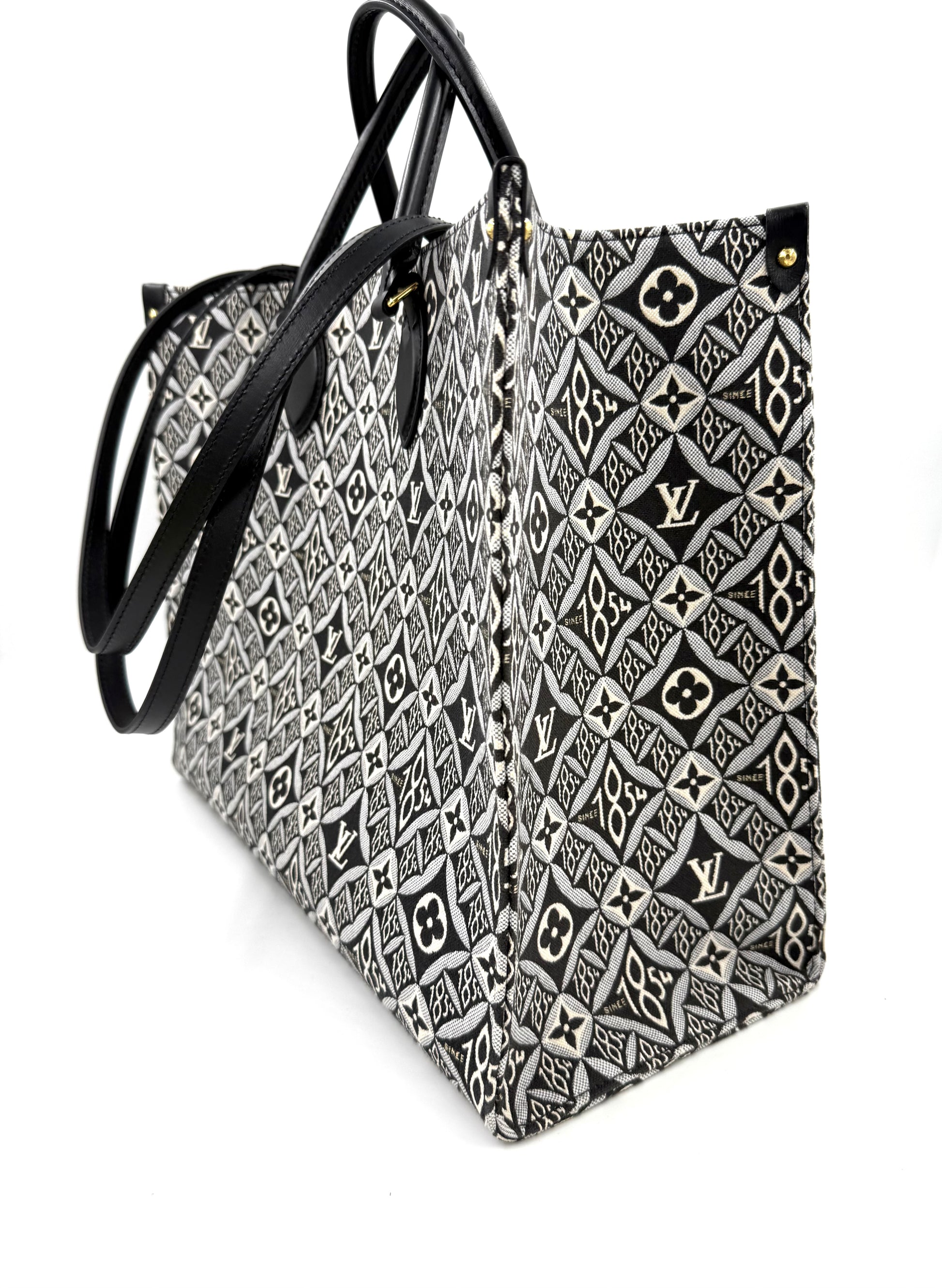 LOUIS VUITTON Onthego GM 1854 Edition große Designerhandtasche mit schwarz-weißem Monogramm und Ledergriffen