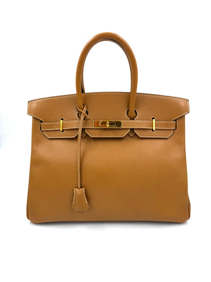 HERMÈS Birkin 35 Ardennes Gold GHW goldbraune Designerhandtasche mit Henkel und Vorhängeschloss