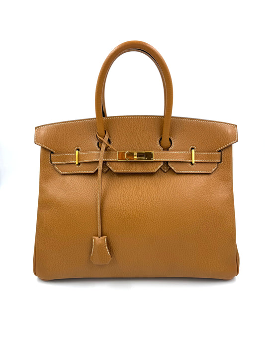 HERMÈS Birkin 35 Ardennes Gold GHW goldbraune Designerhandtasche mit Henkel und Vorhängeschloss