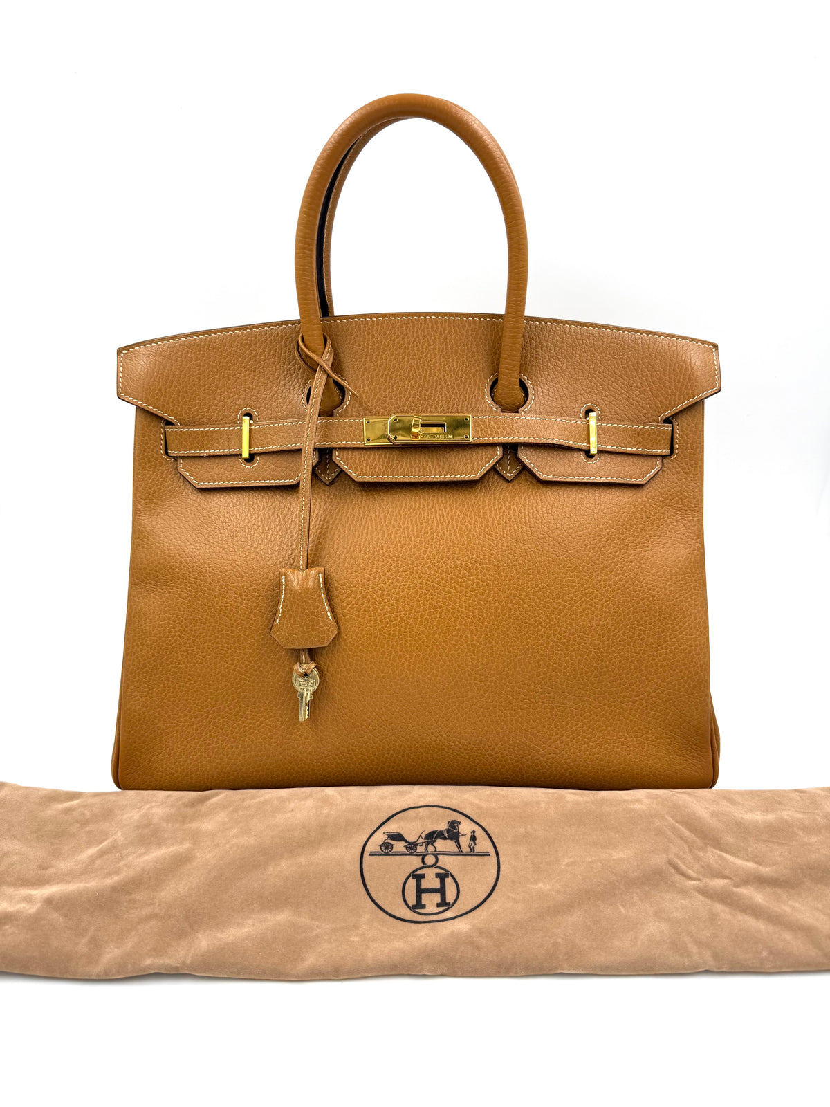 HERMÈS Birkin 35 Ardennes Gold GHW goldbraune Designerhandtasche auf Staubbeutel